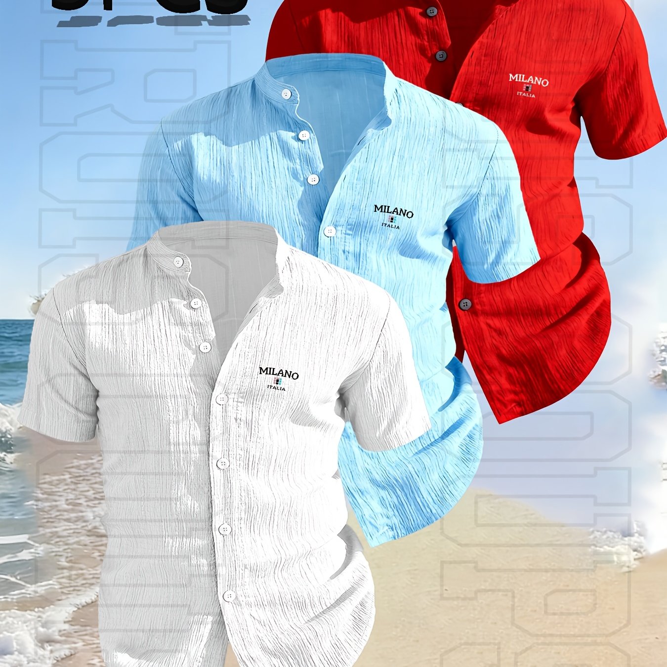 TEMU 3 Pack, New 2026 Men's Apparel, Collar Solid Color Shirt - Geometric Pattern, Spring -quality Men's Short Sleeve Stand Collar Button- Shirt