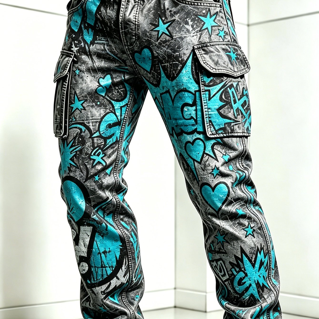 Men' Hip-hop Style Lake Blue Print Loose Cargo Casual Pants, Suitable For , Trendy Everyday Streetwear Trousers