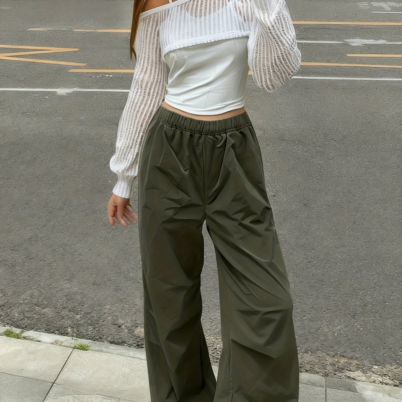 E-shop Teen 3-teiliges Set: Frühling/Sommer Casual Vielseitiges Mesh-Oberteil + Tanktop + Cargo-Gerade-Hosen, für Outdoor, für Teenager