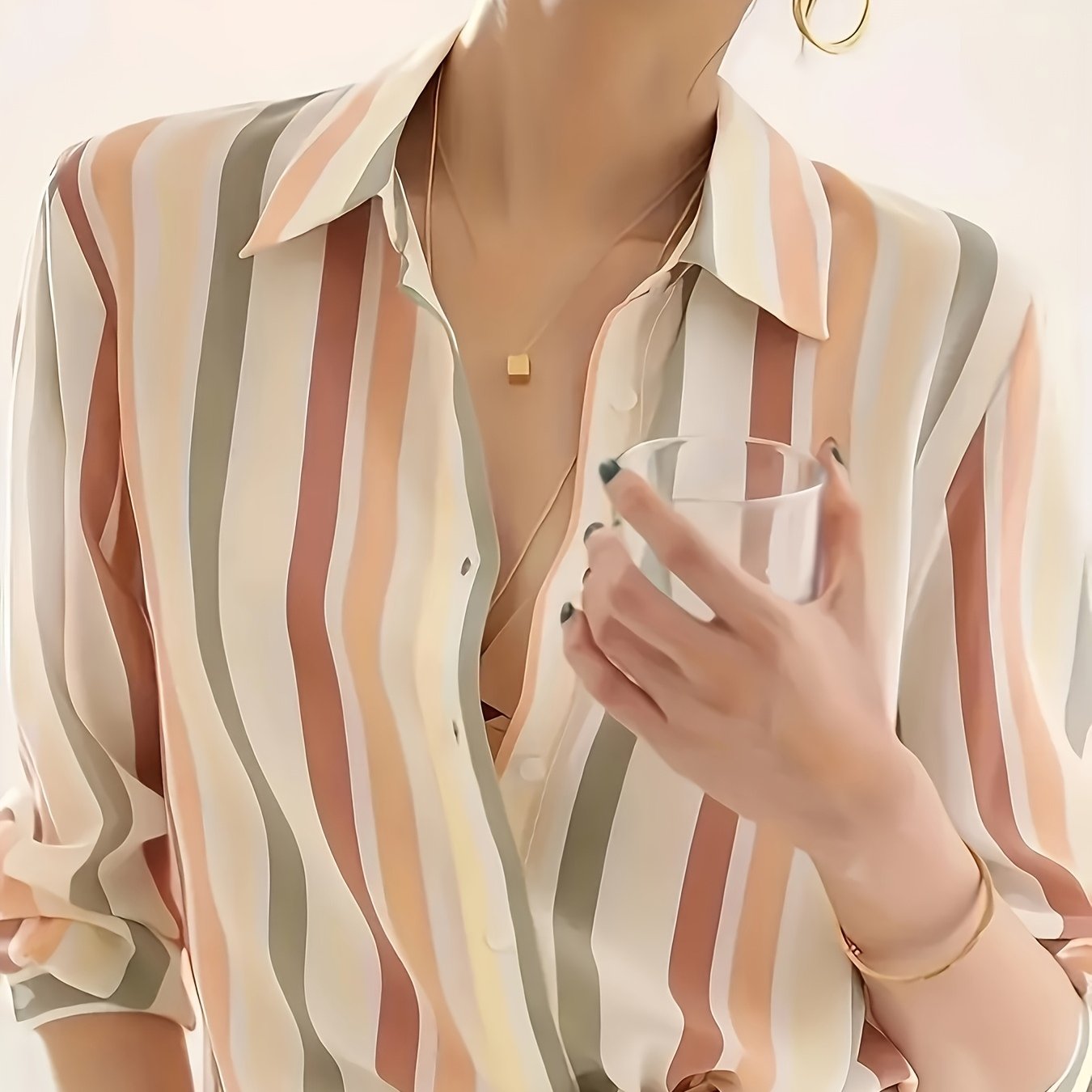 E-shop Lässiges Damen Strickhemd mit Streifen - Vertikale Streifen, Button-Up Kragen, Leichter Stoff, Freizeit- oder formelle Kleidung für Frühling