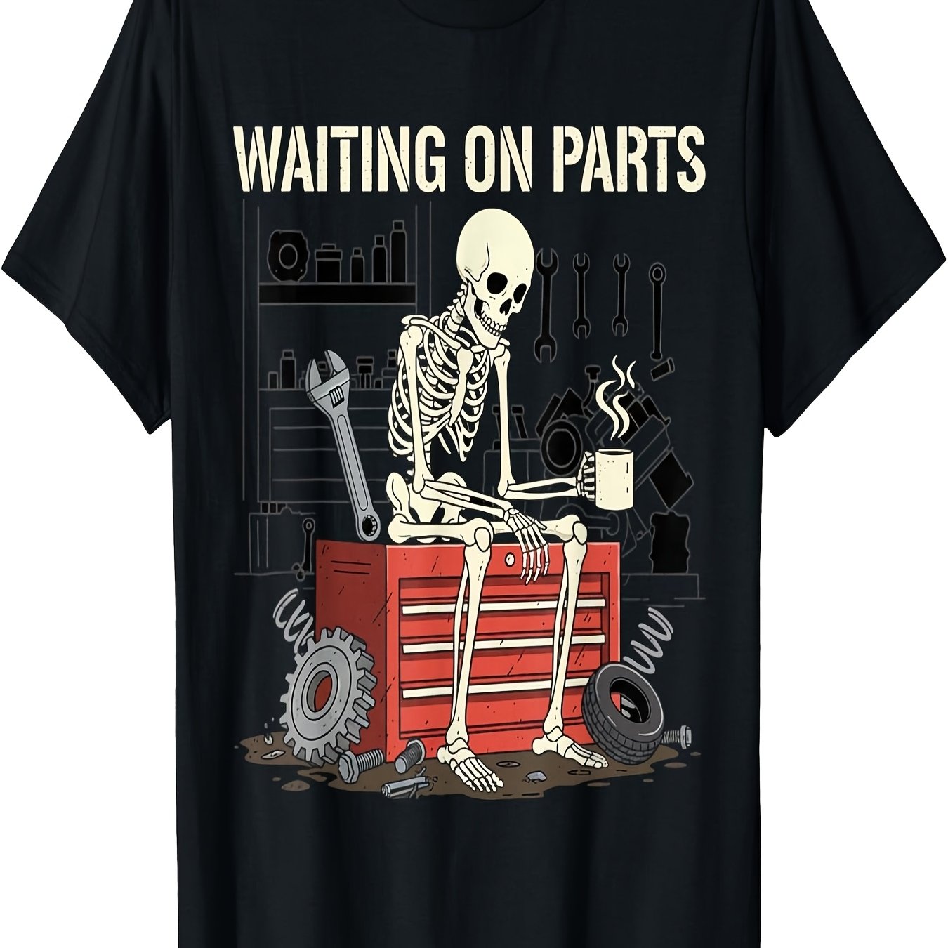 TEMU Waiting On Parts Funny Skeleton Technician T Shirt For Men Women Couple Trendy Tops Short Sleeve Street Style Tee Casual Summer Tee Must Have