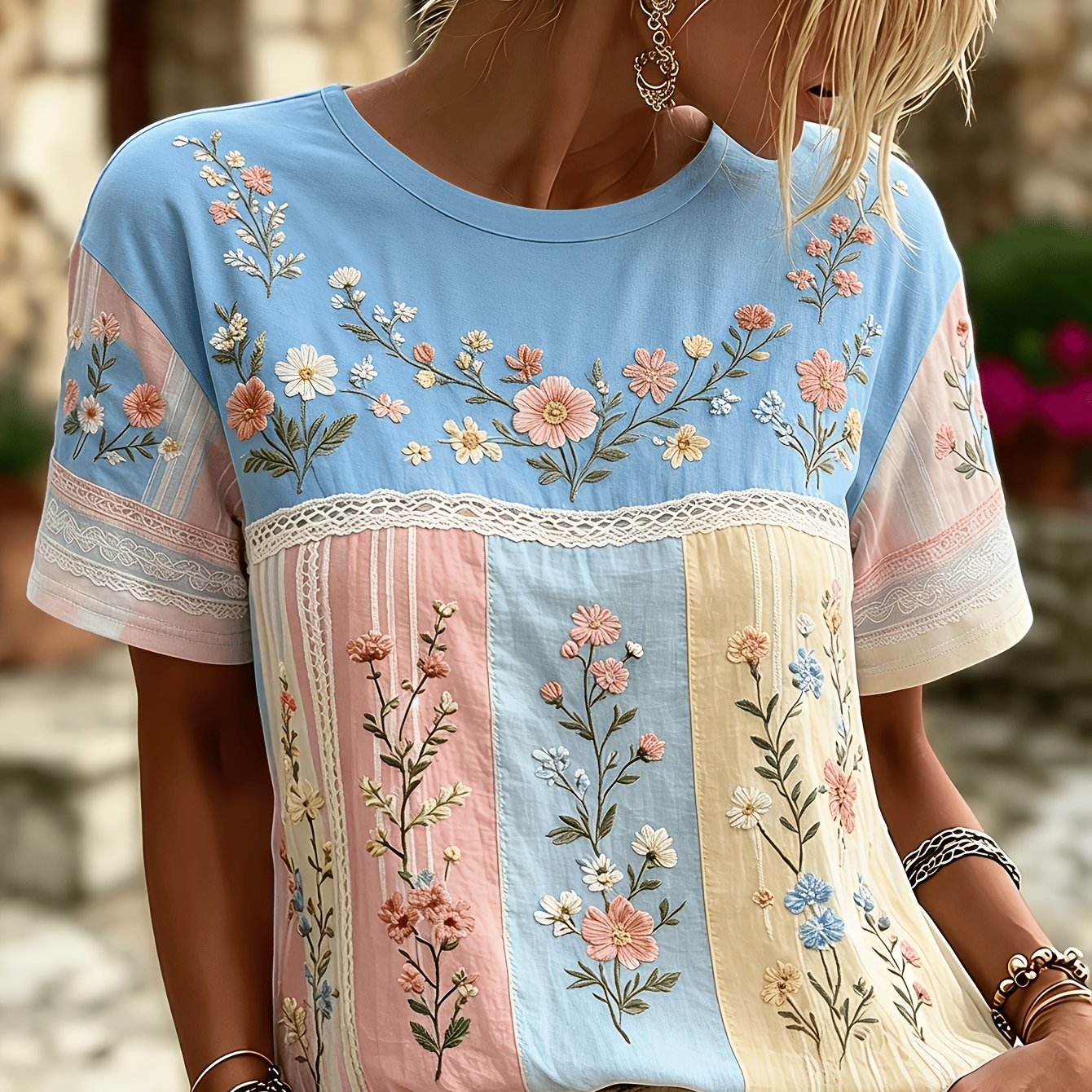 TEMU Macaron Colorblock T-shirt For Women, Bohemian Style With Lace, Round Neck, Short Sleeves, Forest-inspired Fresh And Loose-fitting Top