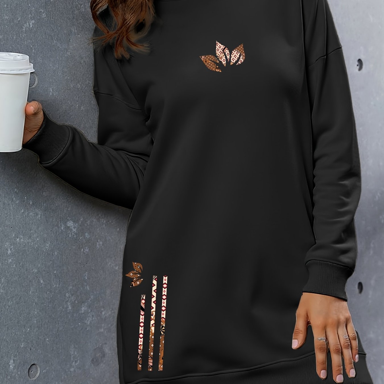 TEMU Western Damen Fleece Kapuzenpullover Bedruckt Verdicktes Kapuzenkleid Top Langer Stil Trendy Casual Mode Temperament Pullover Damen Top Damen