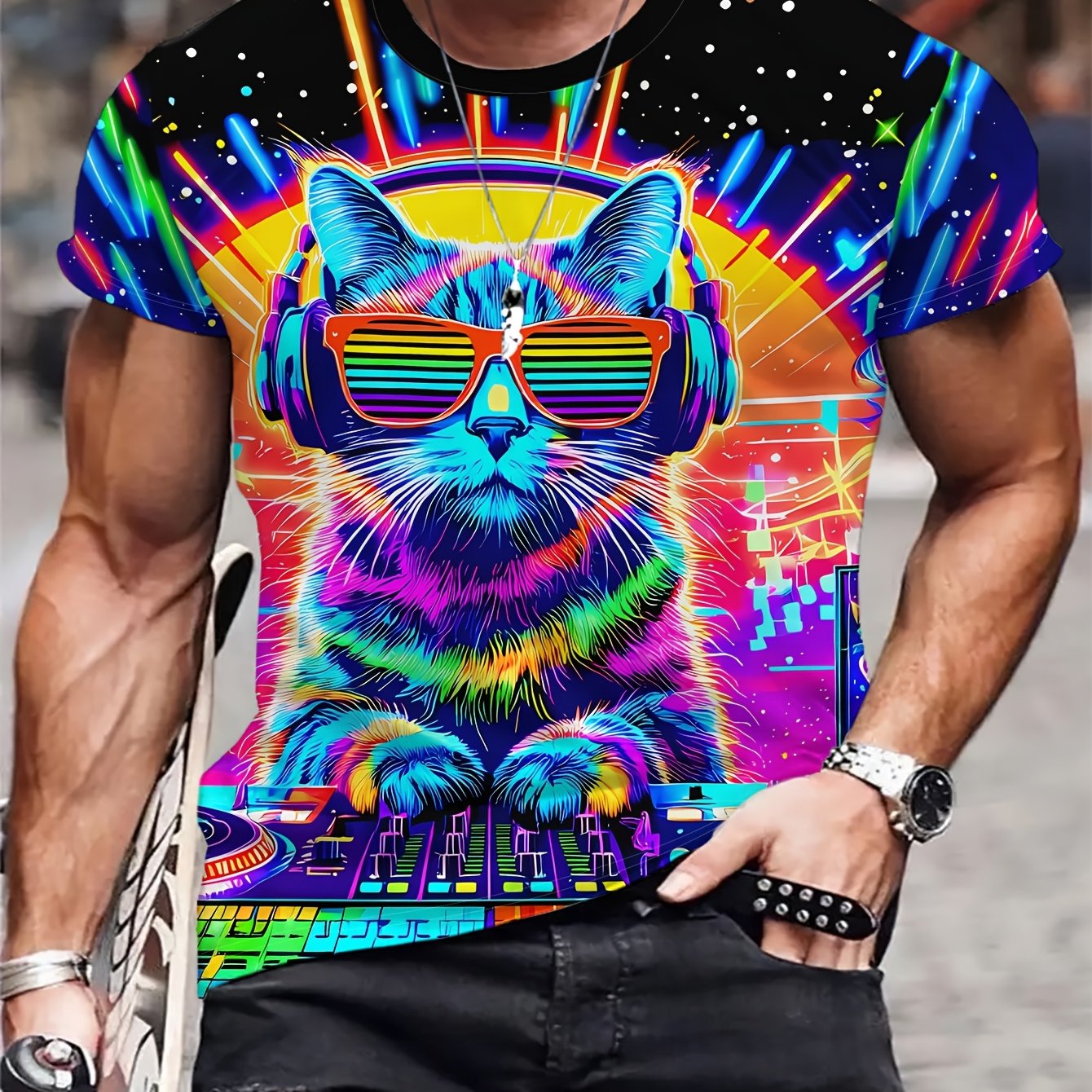 TEMU Men's Short-sleeve T-shirt With Dj Cat Headphones & Fashion Glasses Print - Colorful Starry Sky Round Neck Casual Summer Tee Suitable For