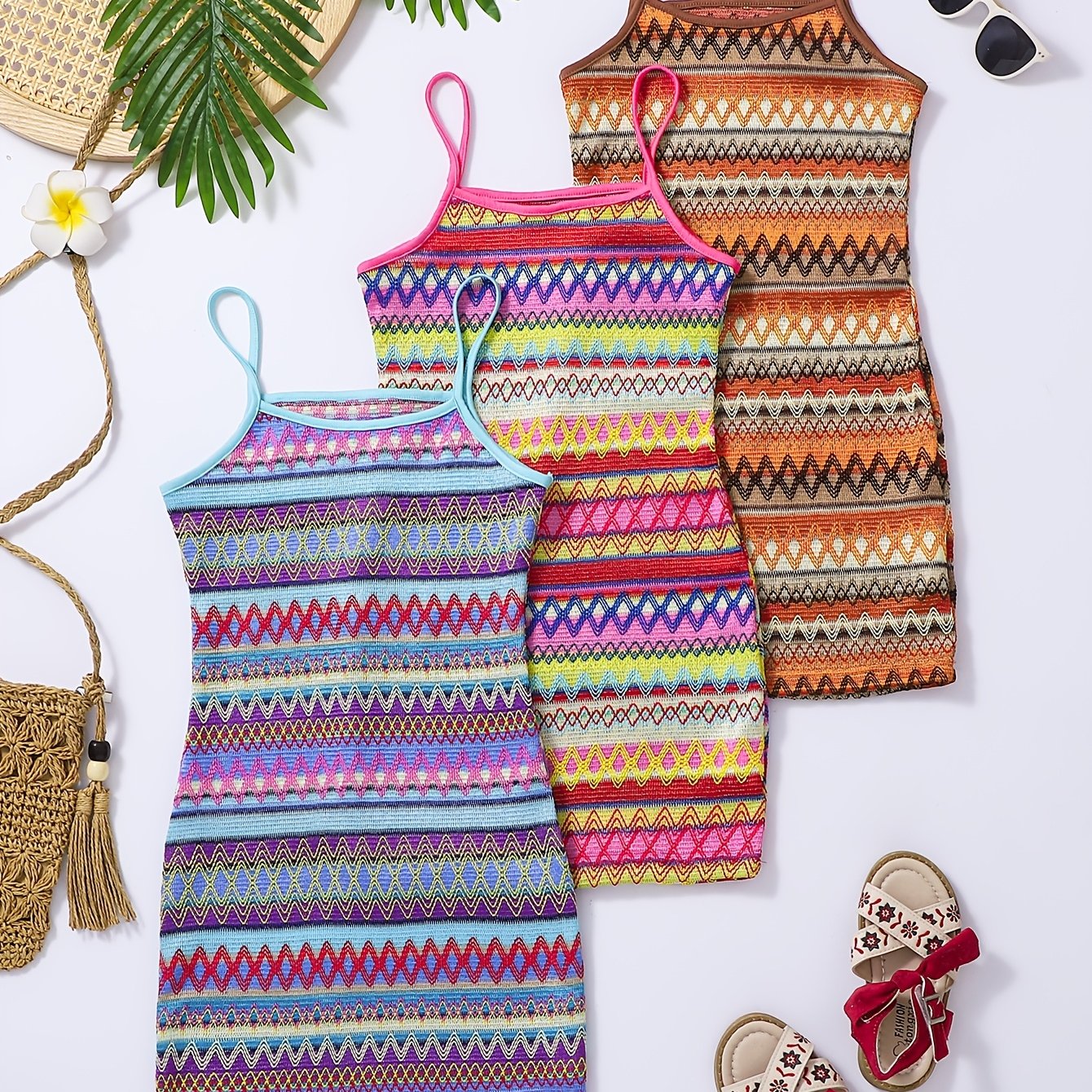 Image of Girls' Camisole Dress 3pcs Set, Casual And Stylish Youth Ethnic Style, Spaghetti Strap, Spring/summer Collection