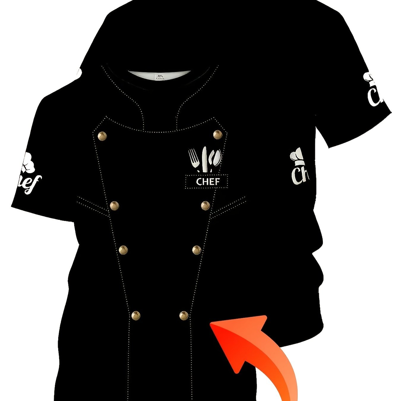 TEMU T-shirt de Chef d'Été Unisexe Personnalisable avec Motif Imprimé, Boutons Dorés et Chef – Texture/Broderie/Paillettes. Tissu Légèrement