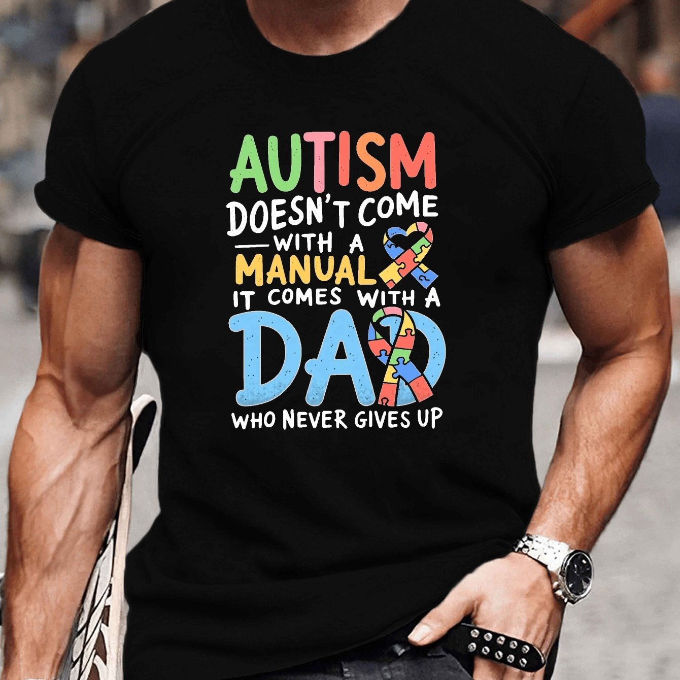 TEMU Autism Dad Never Up Print Tee Shirt, Tees For Men, Casual Short Sleeve T-shirt For Summer