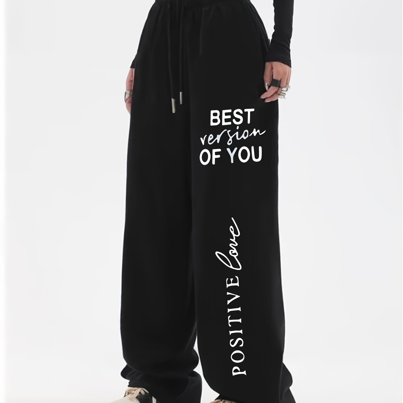 TEMU Women's Casual Letter Print Joggers With Drawstring Waist - Comfy Polyester Straight-leg Pants, Machine Washable