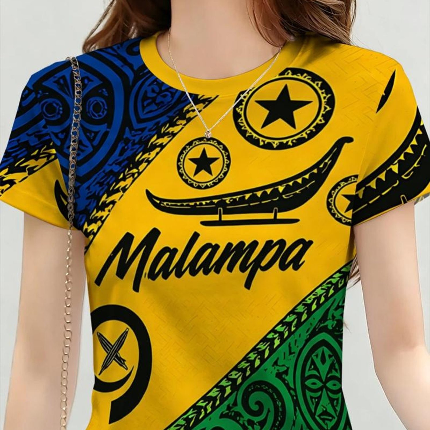 TEMU Women's Fashion T-shirt, Vibrant Tribal With Canoe And "malampa" Design, Casual Wear For Daily And Leisure, Unique Cultural Inspiration, Stylish