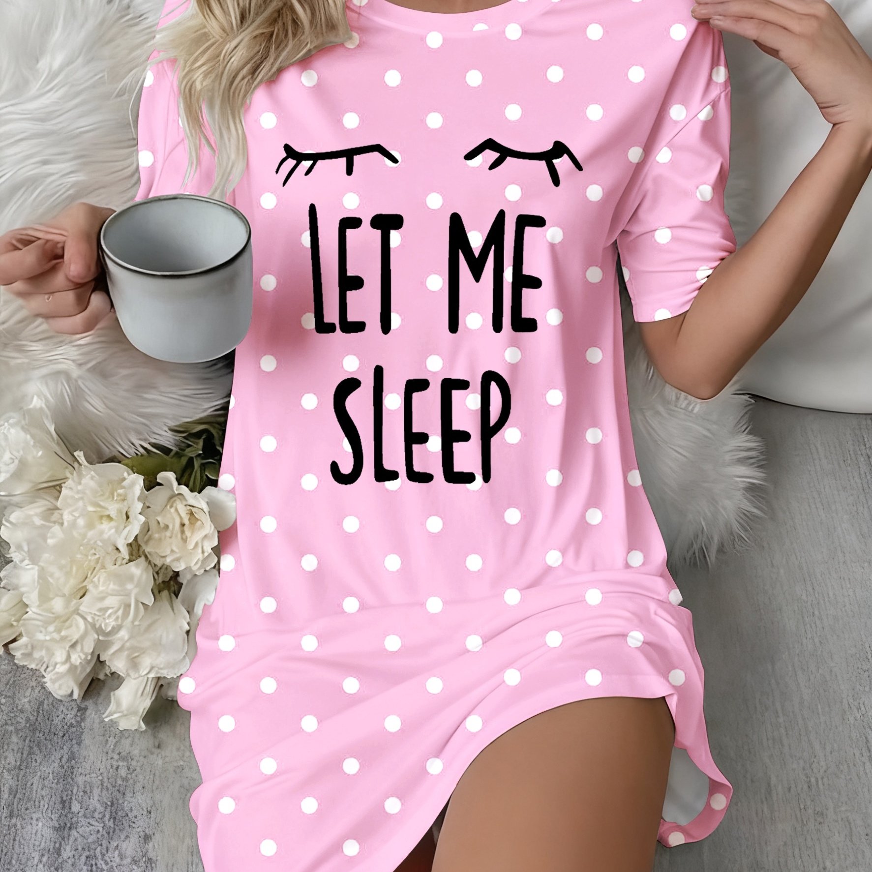 TEMU Women's Short Sleeve Casual Round Neck Nightgown And Dress With English Letter Polka Dot Print