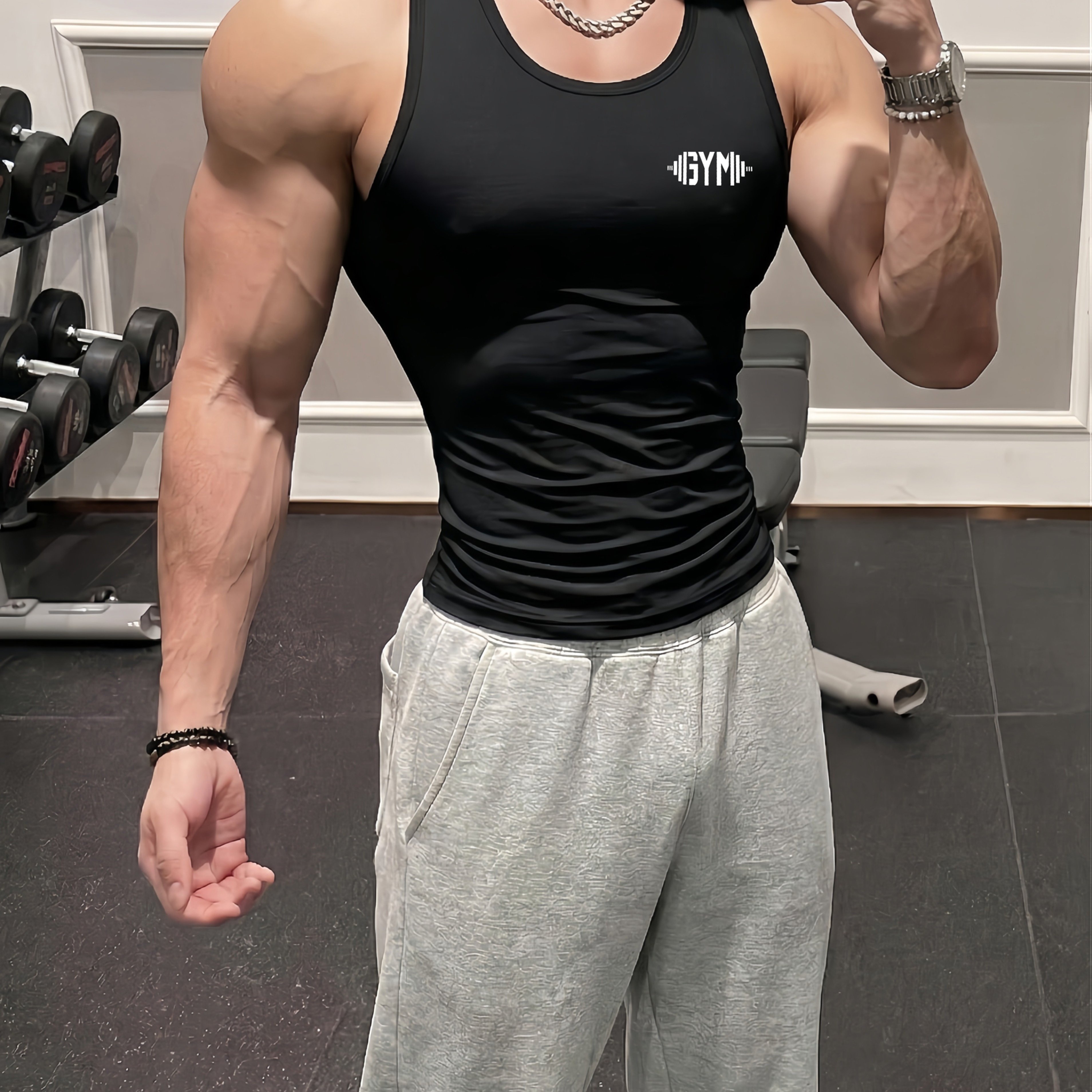 TEMU Men' Gym Print Workout Tank Top - High Elasticity, Slim Fit Polyester Blend Gym Vest For Strength Training, Fitness & Streetwear, Black