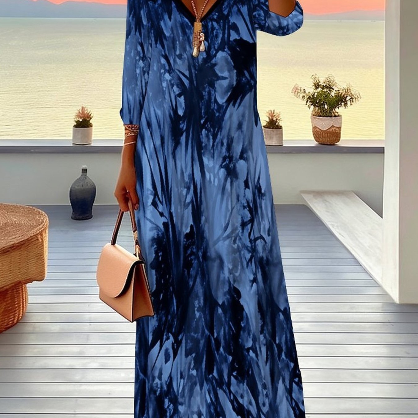 Plus Size - Women's Dress, Women's Plus Size Dress, Tie-dye Style, Full Body Print, Party Occasion, Casual Vacation, Elegant Women's Fashion, V-neck, Mid-length Sleeve Jumpsuit, Long Skirt