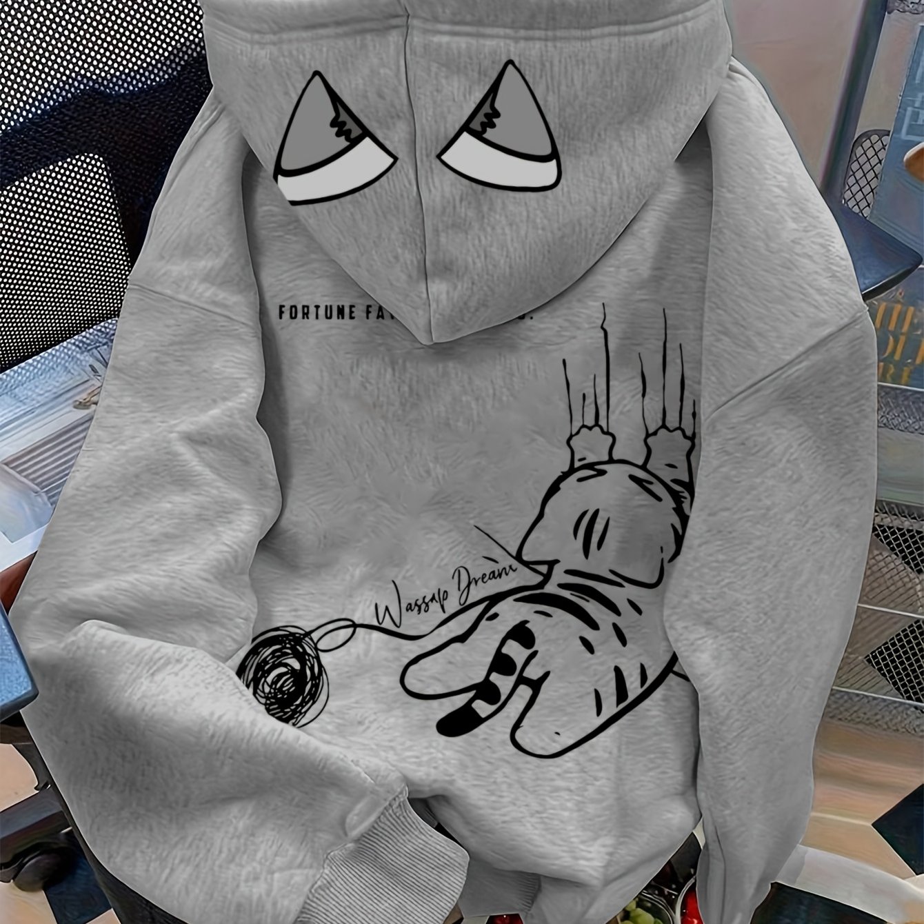 TEMU 1pc Women's Fashion Hooded Sweatshirt With Multi-print: Line Art Cartoon Kawaii Cat With Ears, Line , Letter Print. Unusual Apparel,