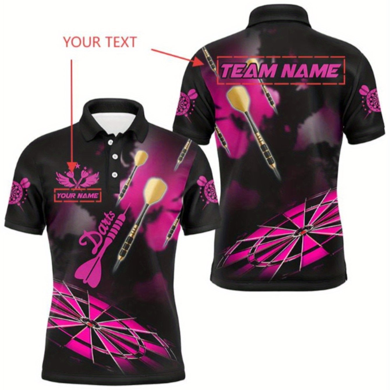 TEMU Customizable Shirt - Breathable Quick-dry Knit Fabric, Short Sleeve With Yellow And Purple Darts, Dartboard Design Shirt, Front And Back