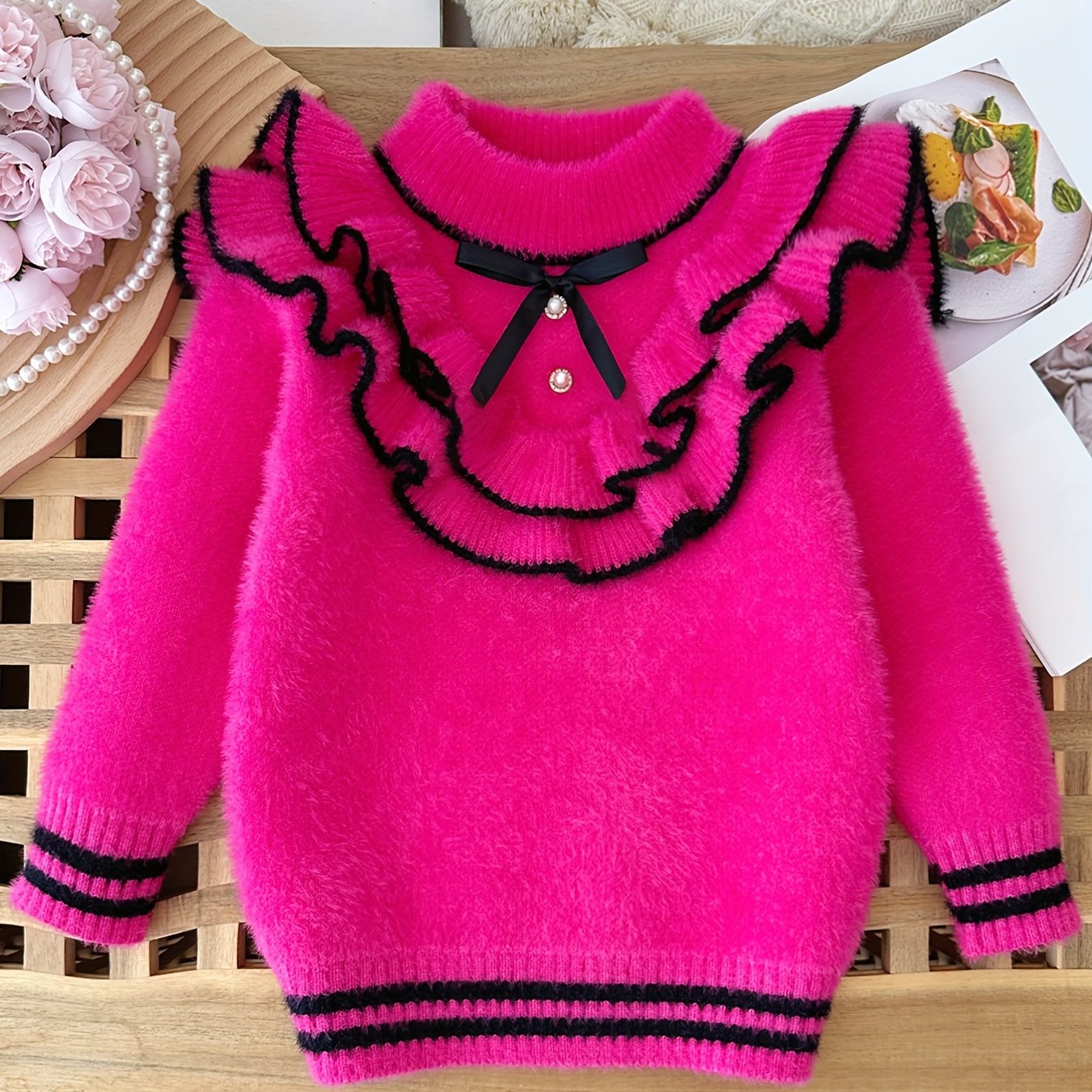 Image of Autumn And Winter Girls' Sweater Trendy Internet Celebrity Style Korean Style Lace Lotus Leaf Collar Plus Velvet Knitted Sweater