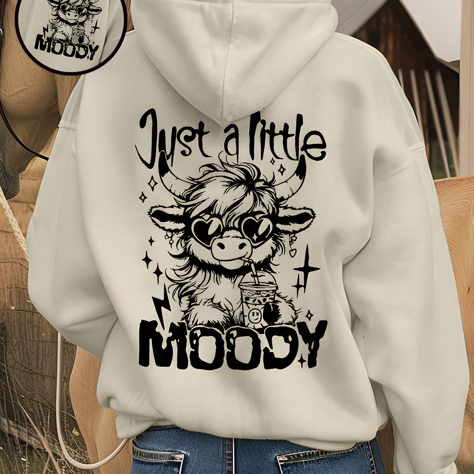 TEMU Casual Letter And Cartoon Western Cow Print Hoodie, Drawstring Casual Hooded Pocket Sweatshirt, Suitable For Winter And Autumn, Daily , Women's