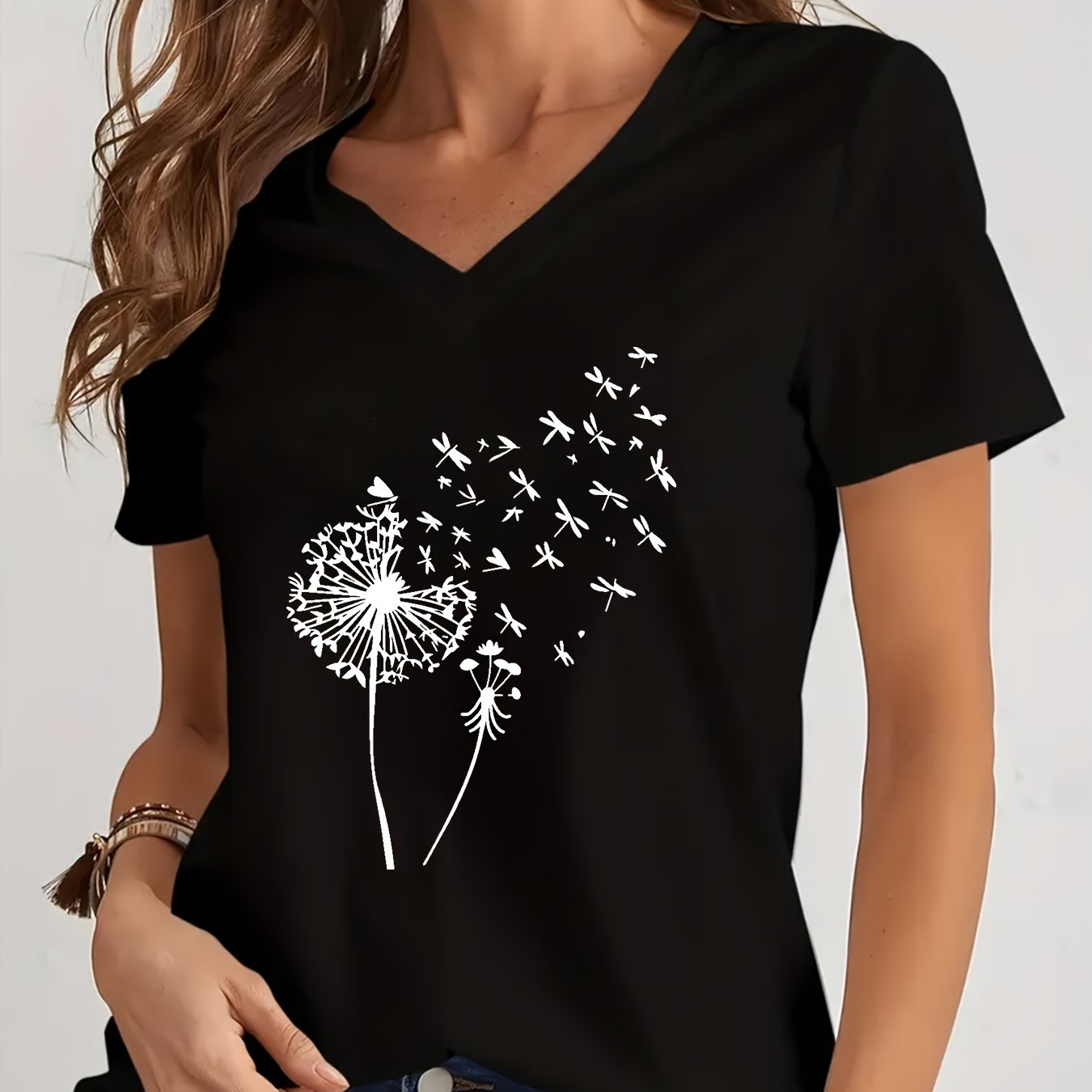 TEMU Women's Summer V-neck T-shirt With Dandelion Print - Casual & Comfortable, Short Sleeve, Stretchy Polyester Blend