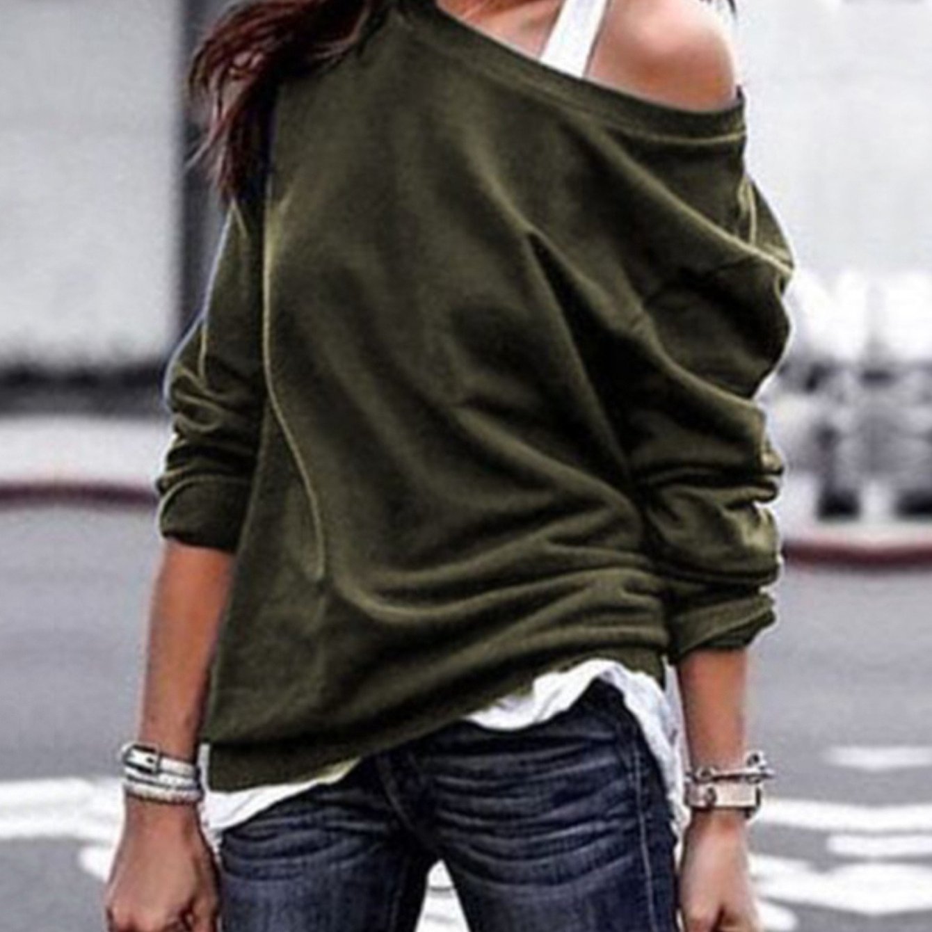 TEMU Women's Off-the-shoulder Layered Sweatshirt, Long-sleeve Oversized Two-piece Style Pullover, Casual Fall/winter Streetwear Shirt
