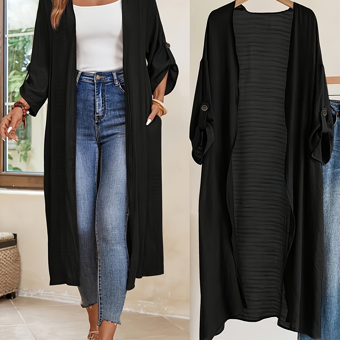 TEMU Elegant Women's Long Casual Jacket With Open Front Collar - Solid Color, Polyester, Machine Washable - Perfect For Spring/fall
