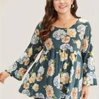 plus size casual top womens plus floral print bell sleeve round neck slight stretch top