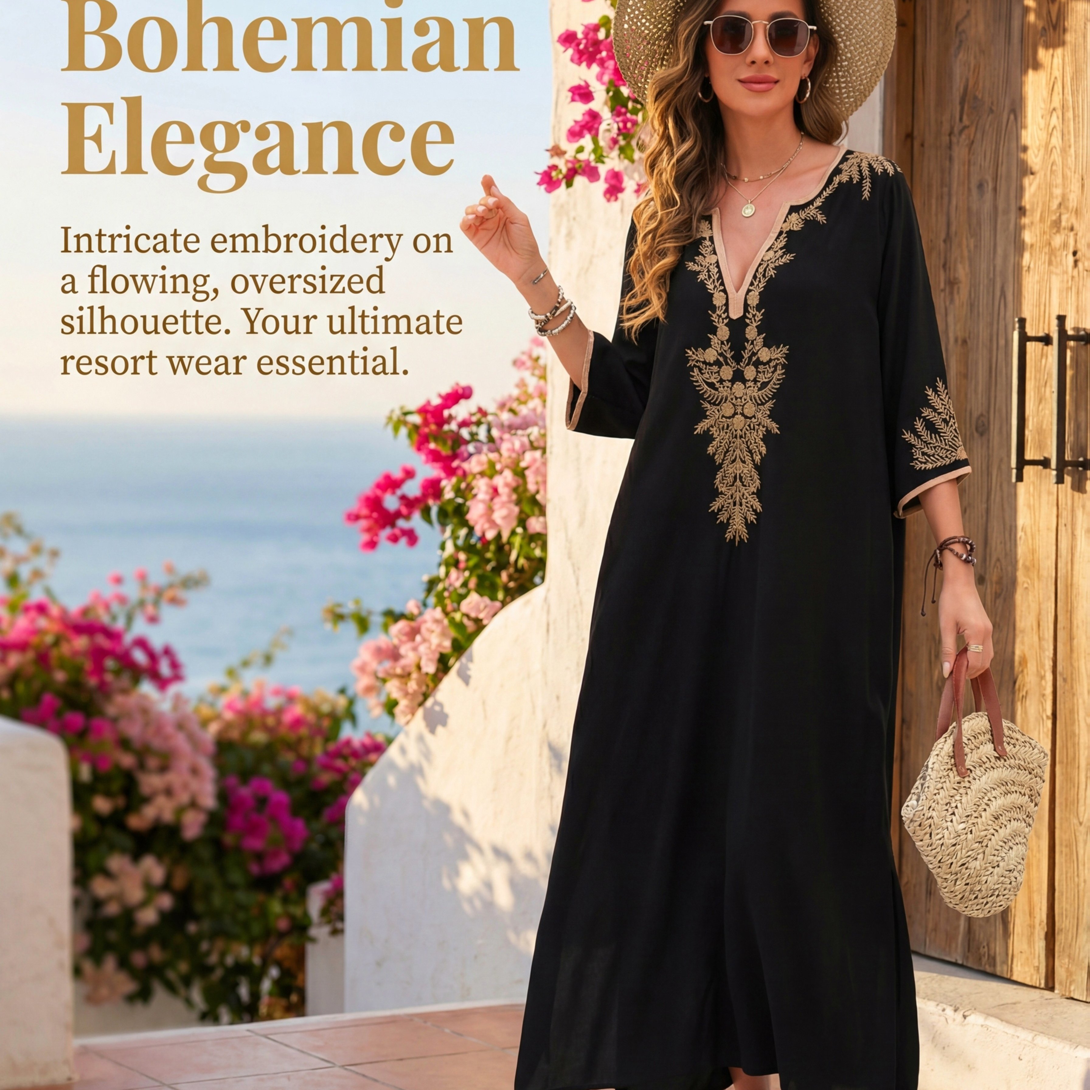 Image of Embroidered Beach Maxi Dress Summer Loose Seaside Vacation Robe Dress