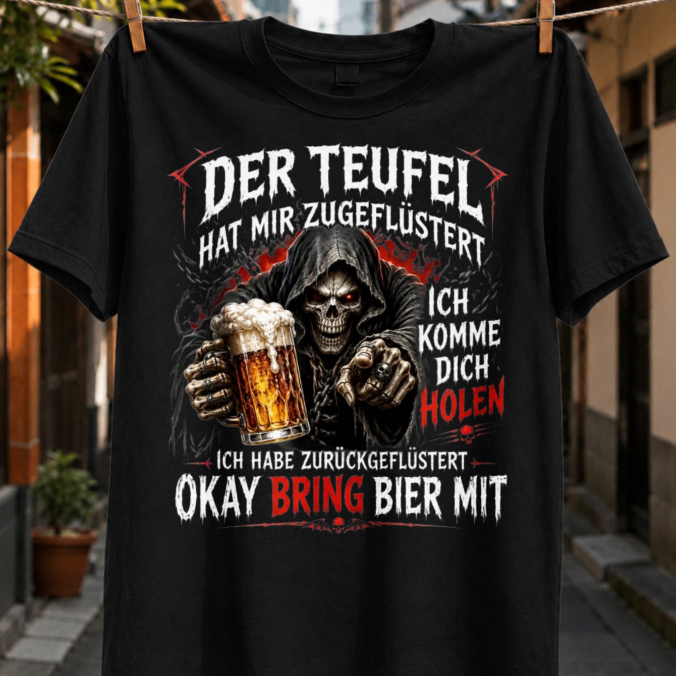 The Devil Beer With German Reaper Holding A Beer Glass Dark Gothic Drinking Humor Unisex All T-shirt
