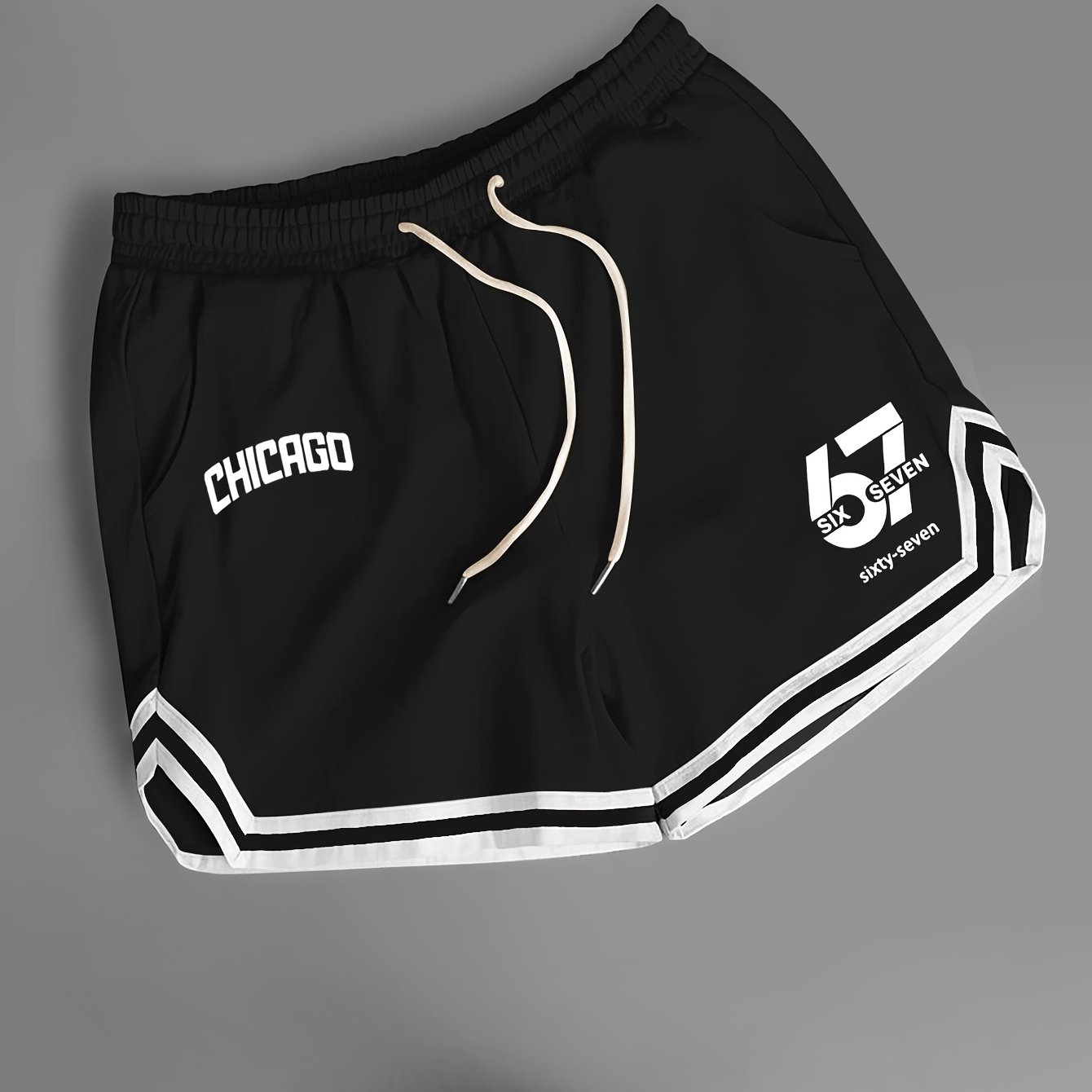 TEMU Men's Vintage Chicago-themed Gym Shorts With Cursive Brand Logo & Classic White/black Stripes - Streetwear Workout Shorts Suitable For Chicago
