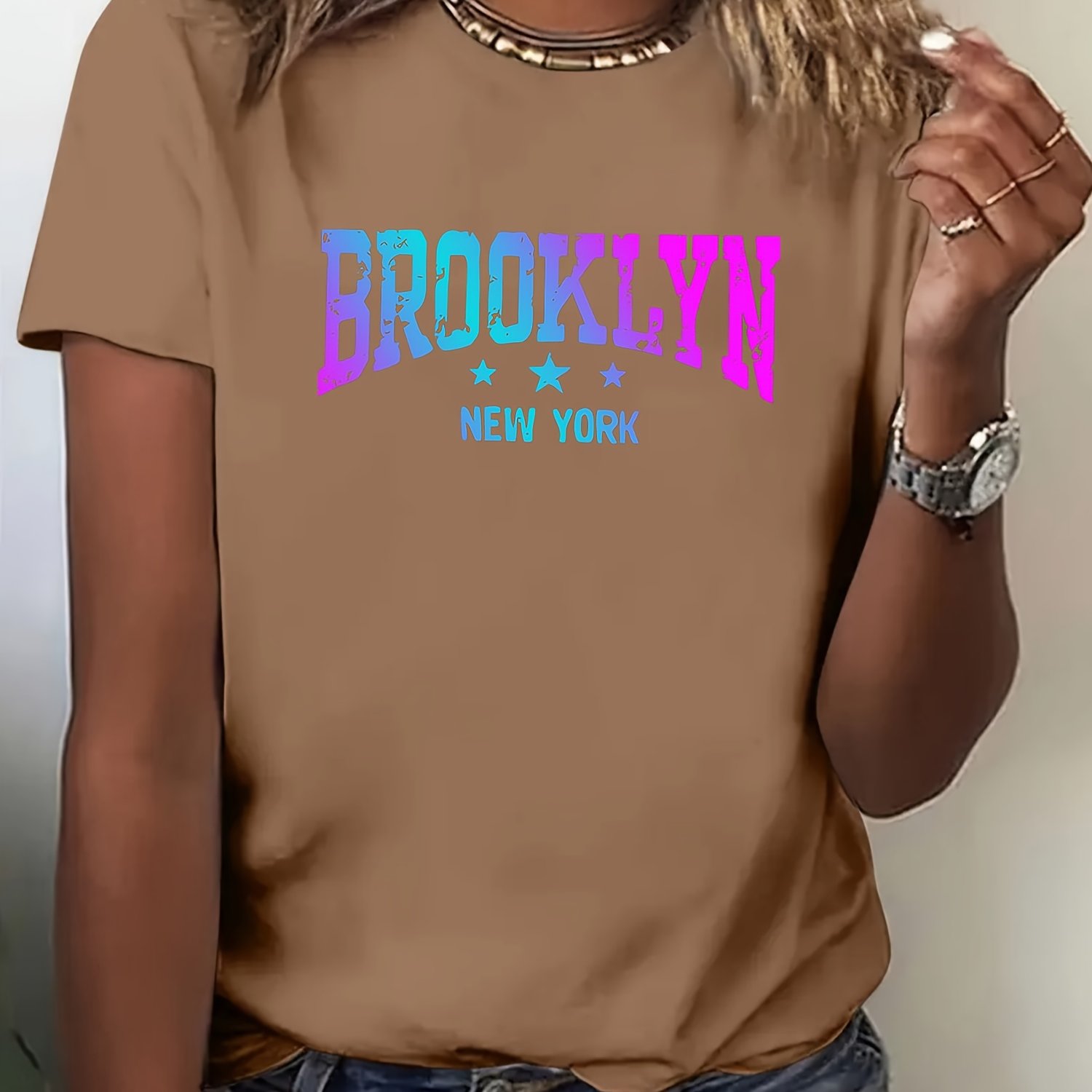 TEMU Y2k Fashion Colorful Letter Print Women's Short-sleeve T-shirt - Brooklyn Style Graphic, , Machine Washable, Simple Casual Sporty Crew Neck