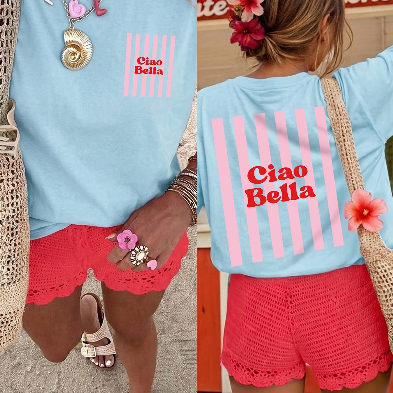 TEMU T-shirt à rayures Bella, haut décontracté à manches courtes et col rond, idéal pour l'été italien et vacances, haut imprimé pour femmes
