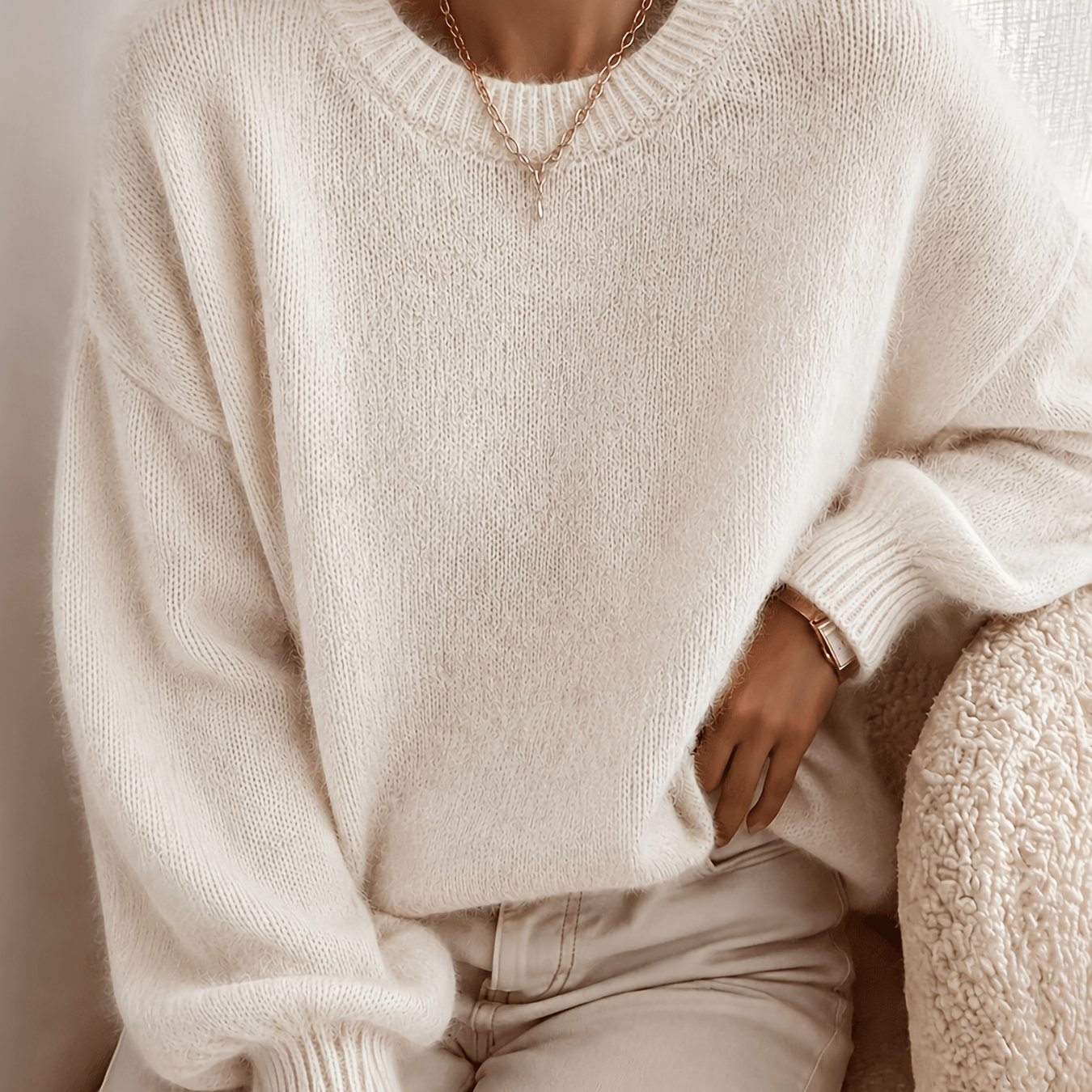 TEMU Soft Textured Sweater - Elegant Relaxed Fit -compatible Suitable For Warm Fall Winter Sweaters, Medium Stretch Solid Color Pullover, Hand