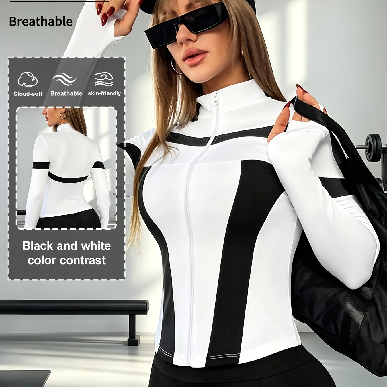 TEMU Nouvelle veste tendance pour femme à col montant avec motif à rayures contrastées, haut de sport coupe ajustée respirant à manches longues,