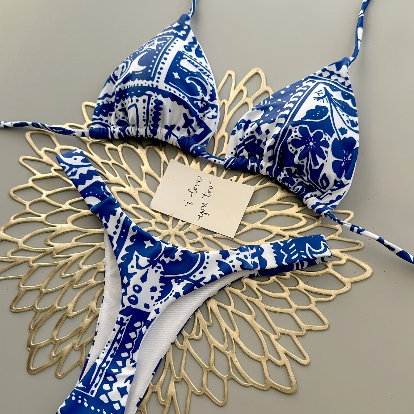 TEMU Women Vintage Print Open Back Split Swimsuit Bikini
