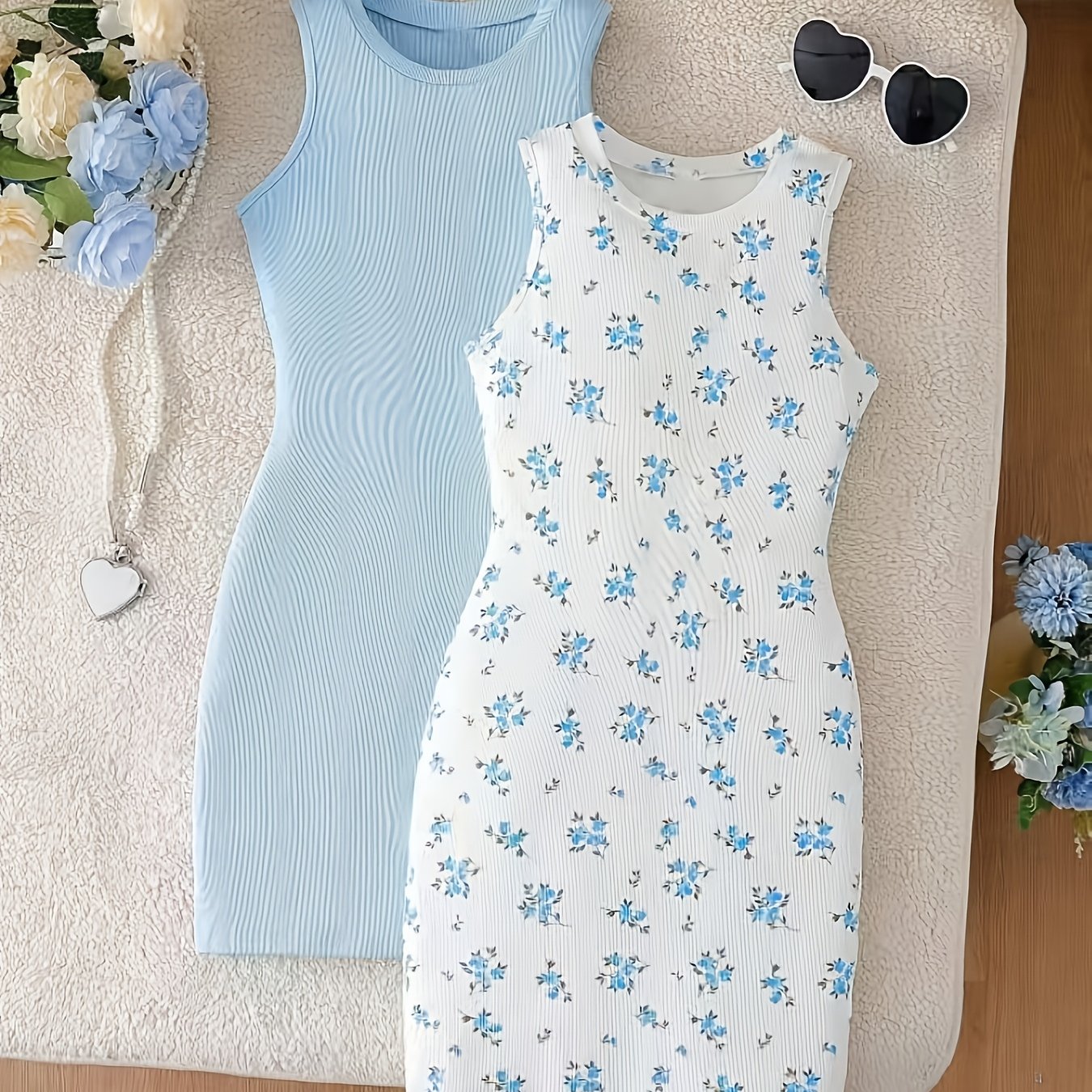 Girls' Two-piece Casual Dress, Cool Summer Dress, Solid Color Floral Two-piece Set, A Refreshing Color Dress That Girls Love