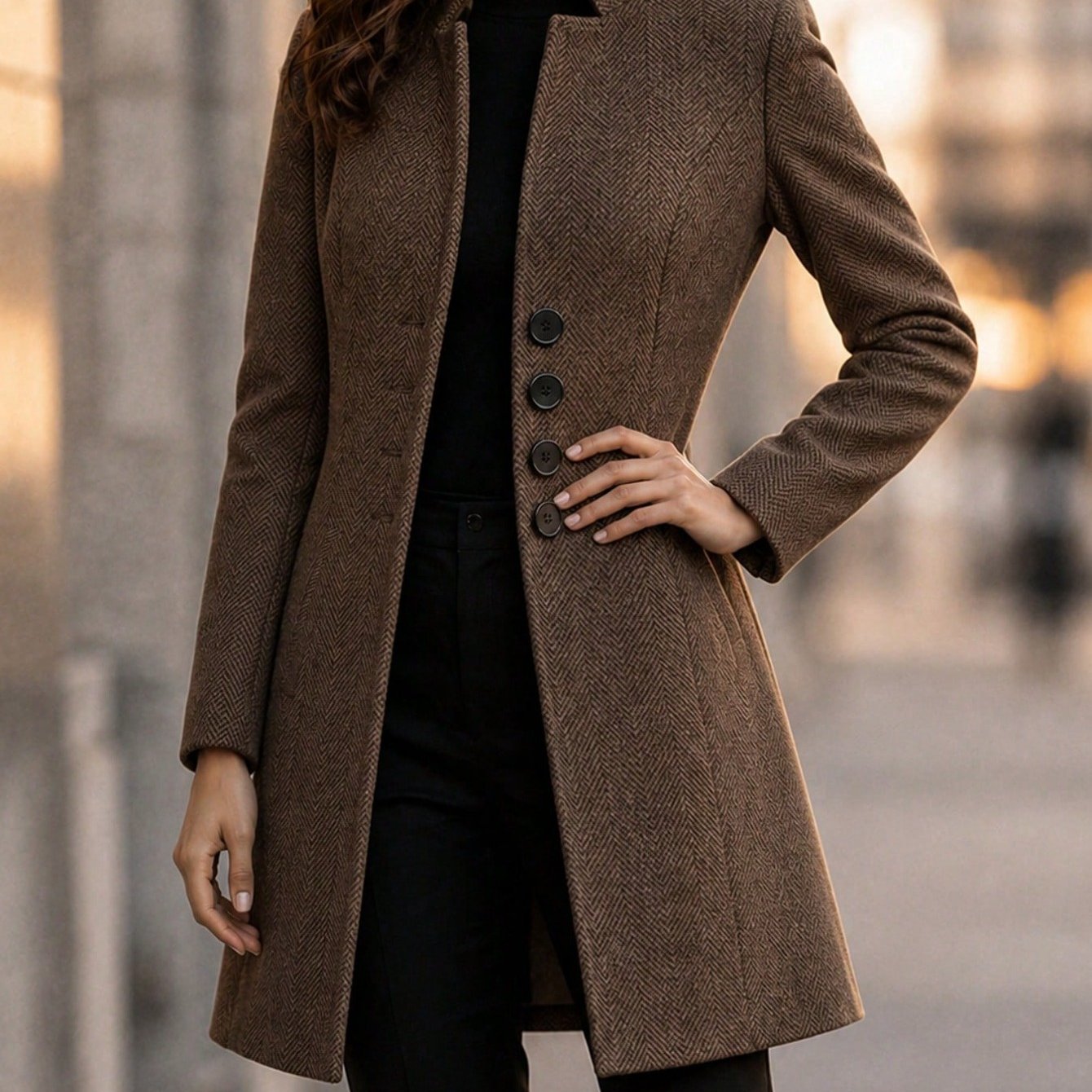 TEMU Veste d'extérieur vintage marron à col montant, coupe slim, mi-longue, épaissie, chaude, et polyvalente, à chevrons, pour et l'hiver