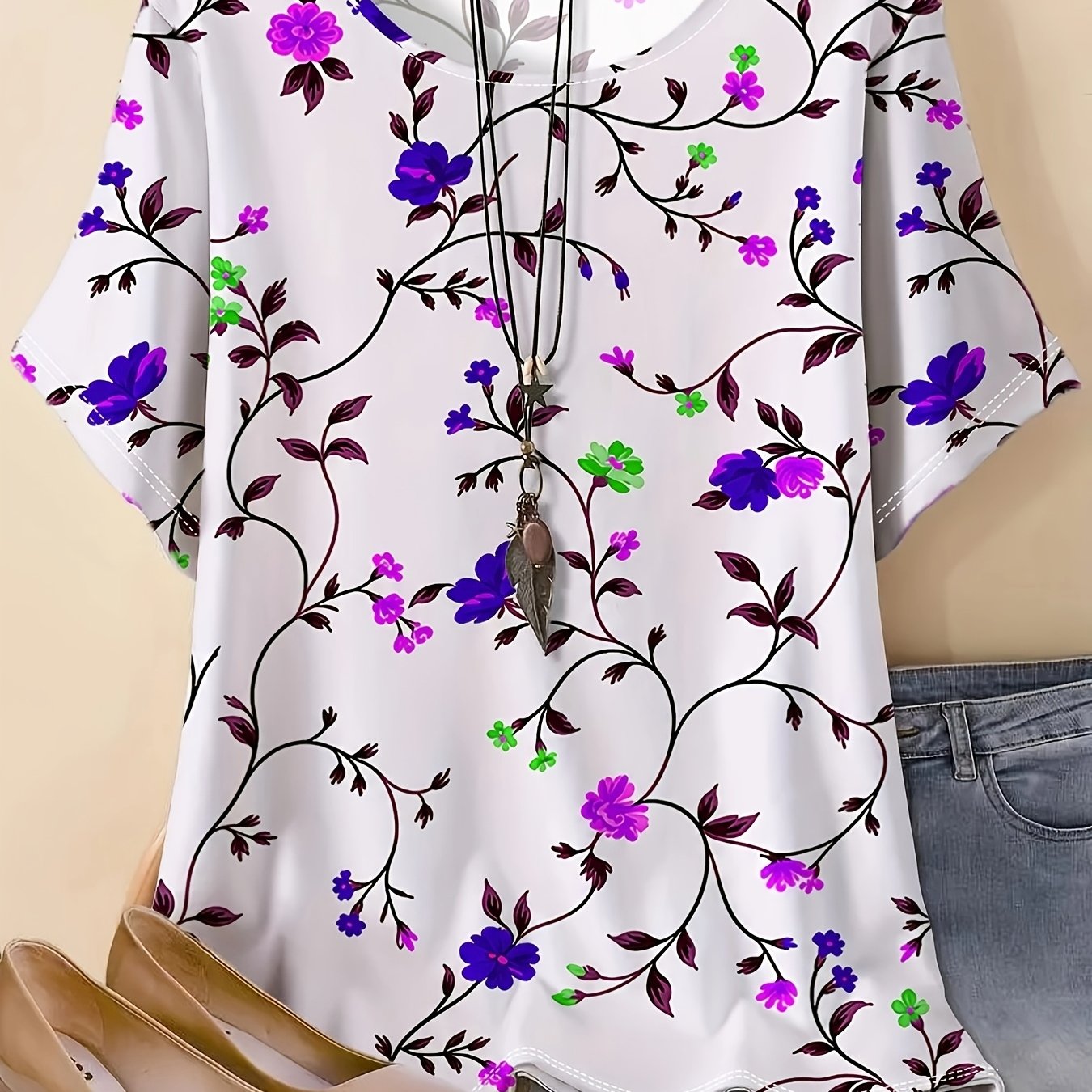 TEMU Plus Size Women's Round Neck Stretch T-shirt, Loose Short Sleeve For Inner And Outer Wear, Fresh Colorful Vine Floral Print Pattern, Women's