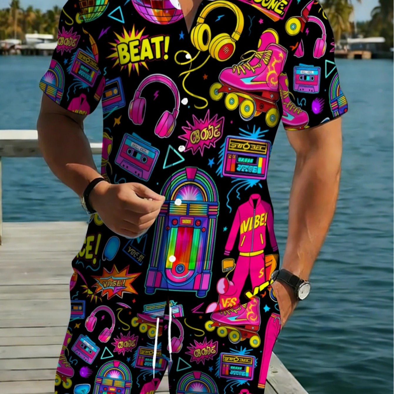 TEMU Men's Short Sleeve Shirt And Pants Set Featuring A Neon 80s Music Theme, Made From Lightweight Polyester With A Bright And Colorful Print, Ideal