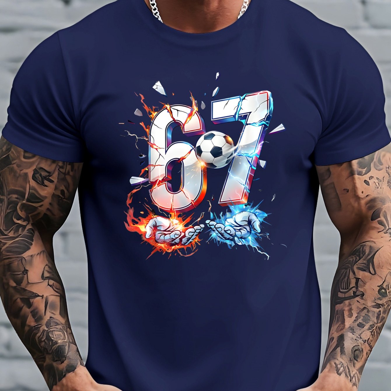 TEMU Men's 67 Meme Graphic T-shirt - "67" Number Football Design With Thumbs Up & Street Style Casual Short Sleeve Crewneck Tee, Comfortable Regular