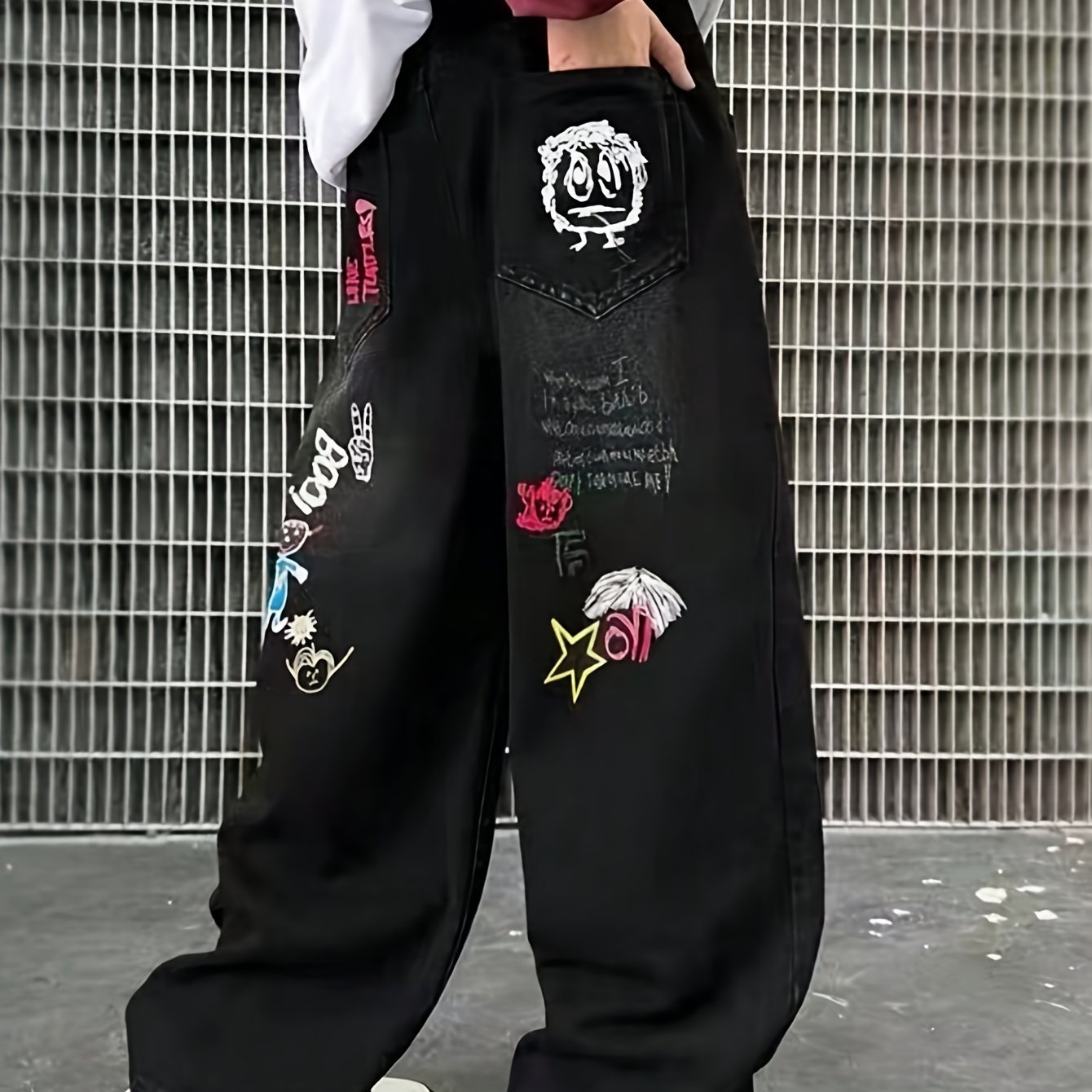 Youth Boys' Trendy Cartoon Graffiti Black Trousers 2025 Spring/autumn New Mid-to-large Size Graffiti Print Dad Jeans, For Teenager, For Teenager