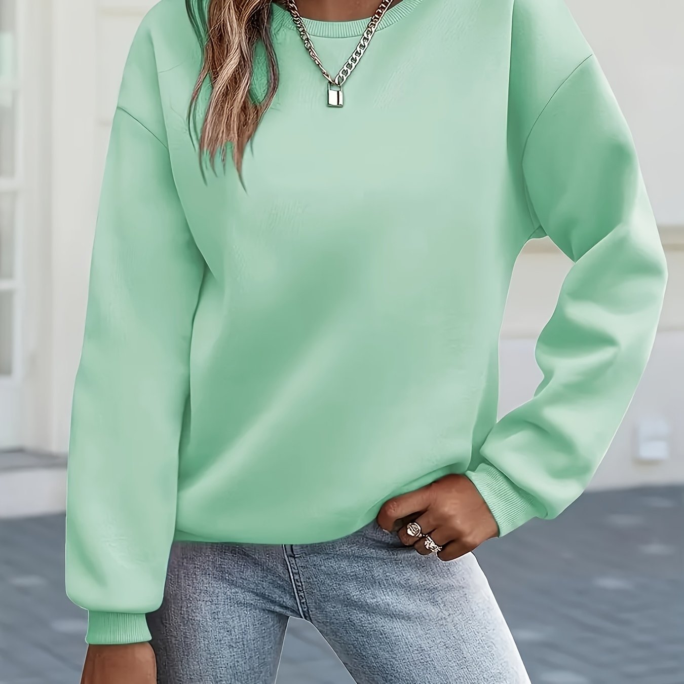 TEMU Women' /winter -lined Thickened Casual Sporty Crew Neck Sweatshirt, Outdoor Warm Long-sleeve Top