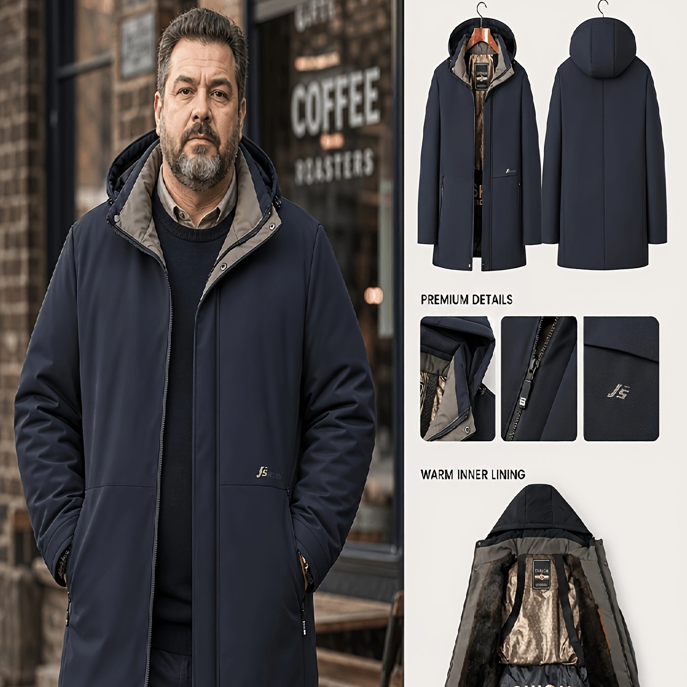 Image of Men's Hooded Coat For Autumn And Winter | Windproof, And Warm Jacket, Detachable Liner, Adjustable Hood, Multiple Zipper Pockets, Suitable For Daily Office Weekend Outdoor Activities, Plus Size