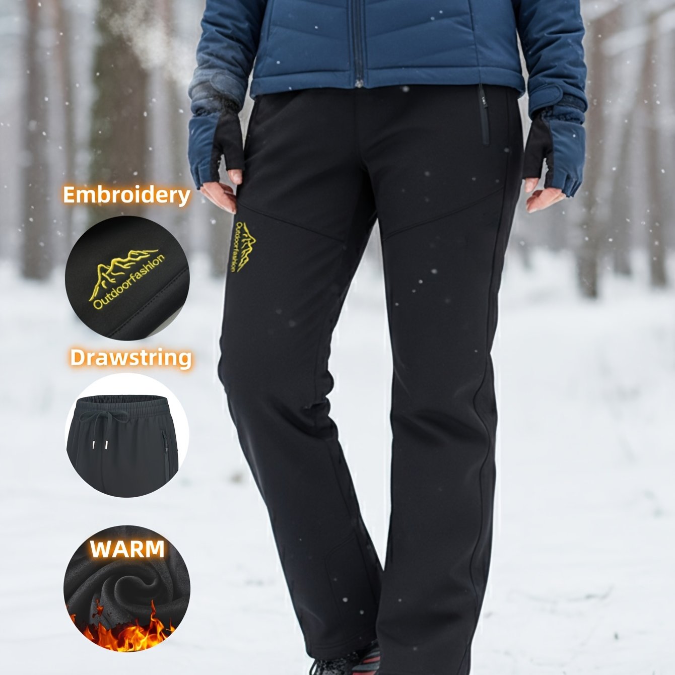 E-shop Modische Damen Fleece-gefütterte Outdoor-Langhose, geeignet für Outdoor-Aktivitäten und Fitness, mit Stickmuster, Winter-Freizeitkleidung, mit 2