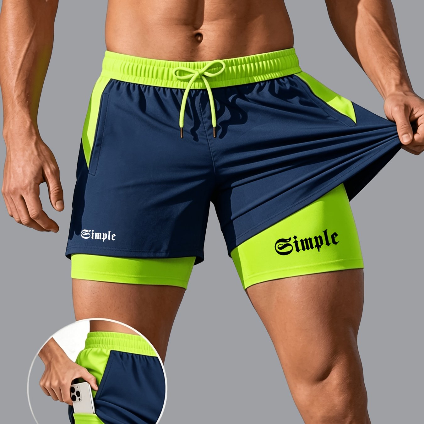 TEMU Men's Athletic Double-layer Shorts, Breathable Quick- Shorts - Drawstring Waistband With Pockets, Lightweight And Comfortable, Suitable For