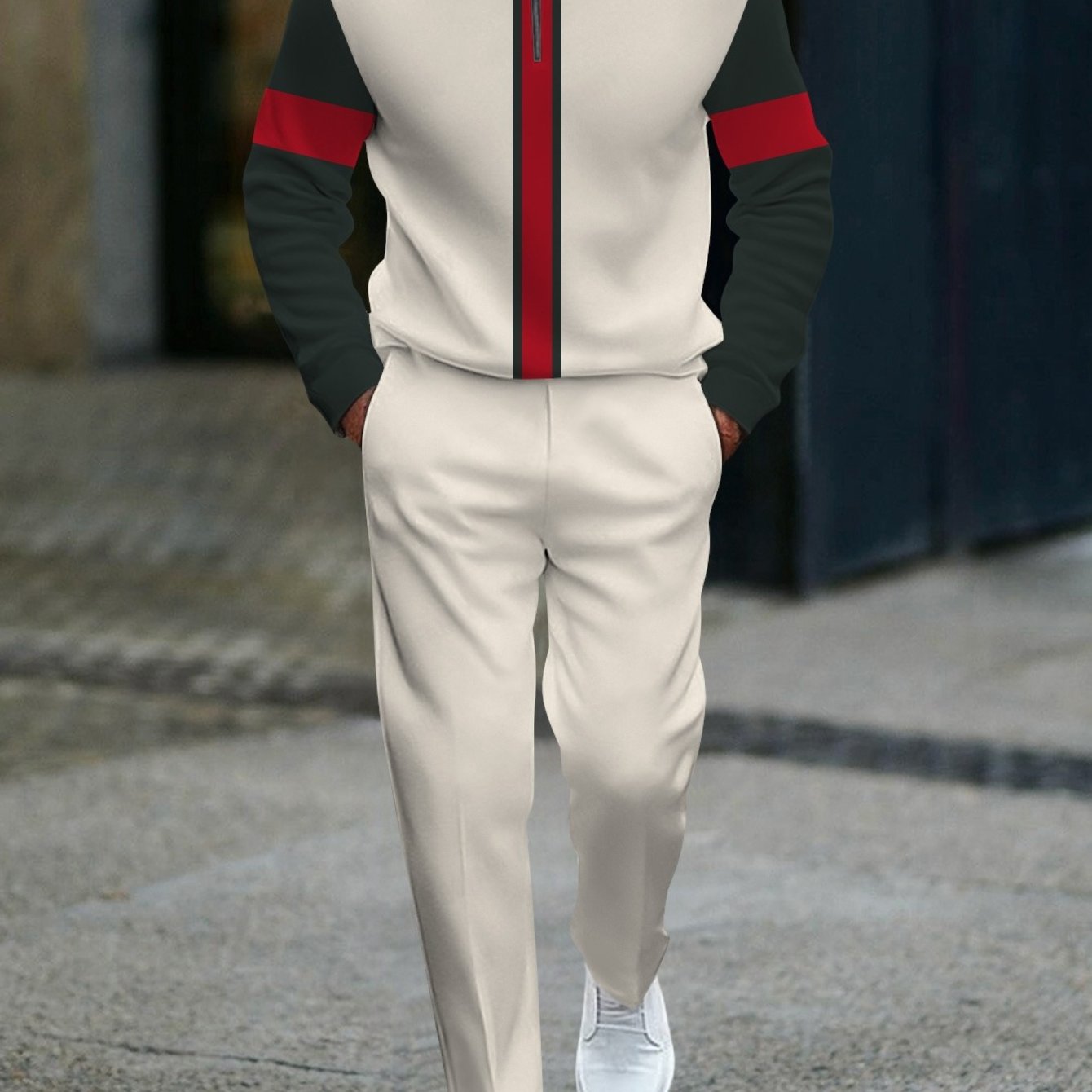 Image of Men's Casual Two-piece Tracksuit Featuring A Stand Collar And Style, With Vertical Red And On And Sleeves, Perfect For Adult Sportswear