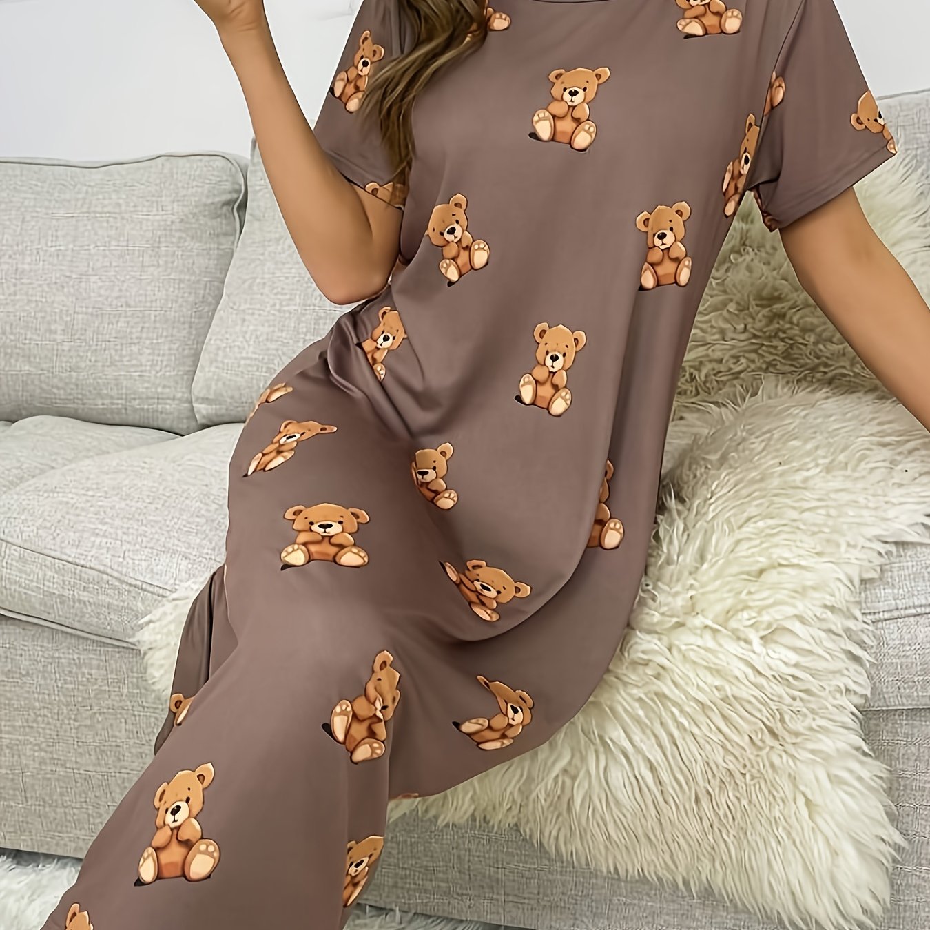 E-shop Schöne Dame, niedlicher Bären-Schlafanzug, modisches T-Shirt-Kleid, kurzärmelige Haushaltskleidung für guten Schlaf bequeme Jahreszeiten, glatte