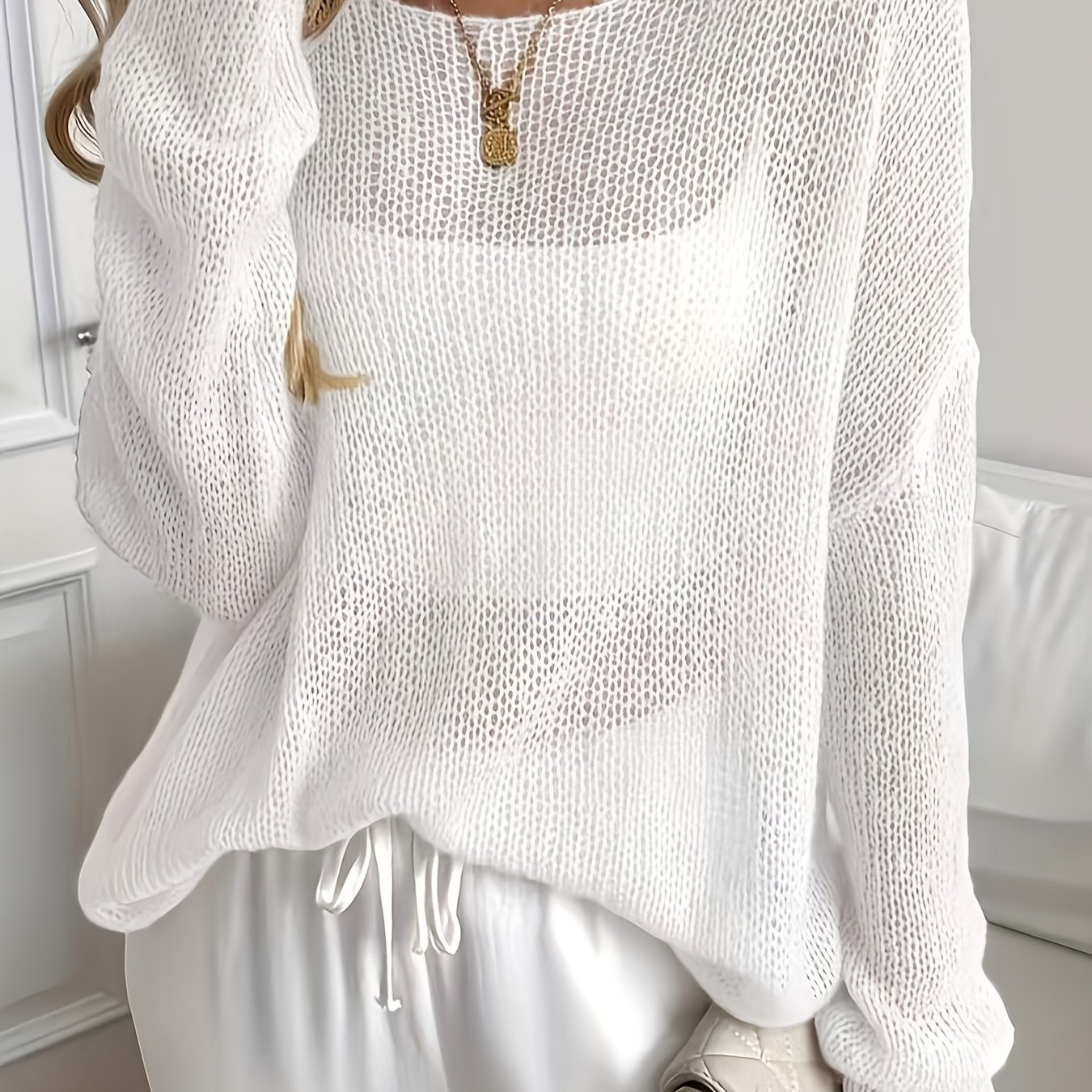 TEMU Solid Color Round Neck Pullover Sweater, Elegant Long Sleeve Top, Suitable For Spring And Autumn, Women's Clothing