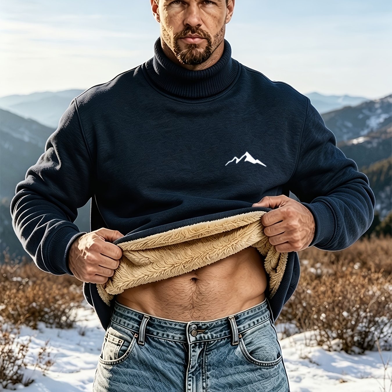 TEMU Upgrade Cold Resistance And Warmth! New Winter High Collar Mountain Print Padded And Thick Men's Sports Sweatshirt