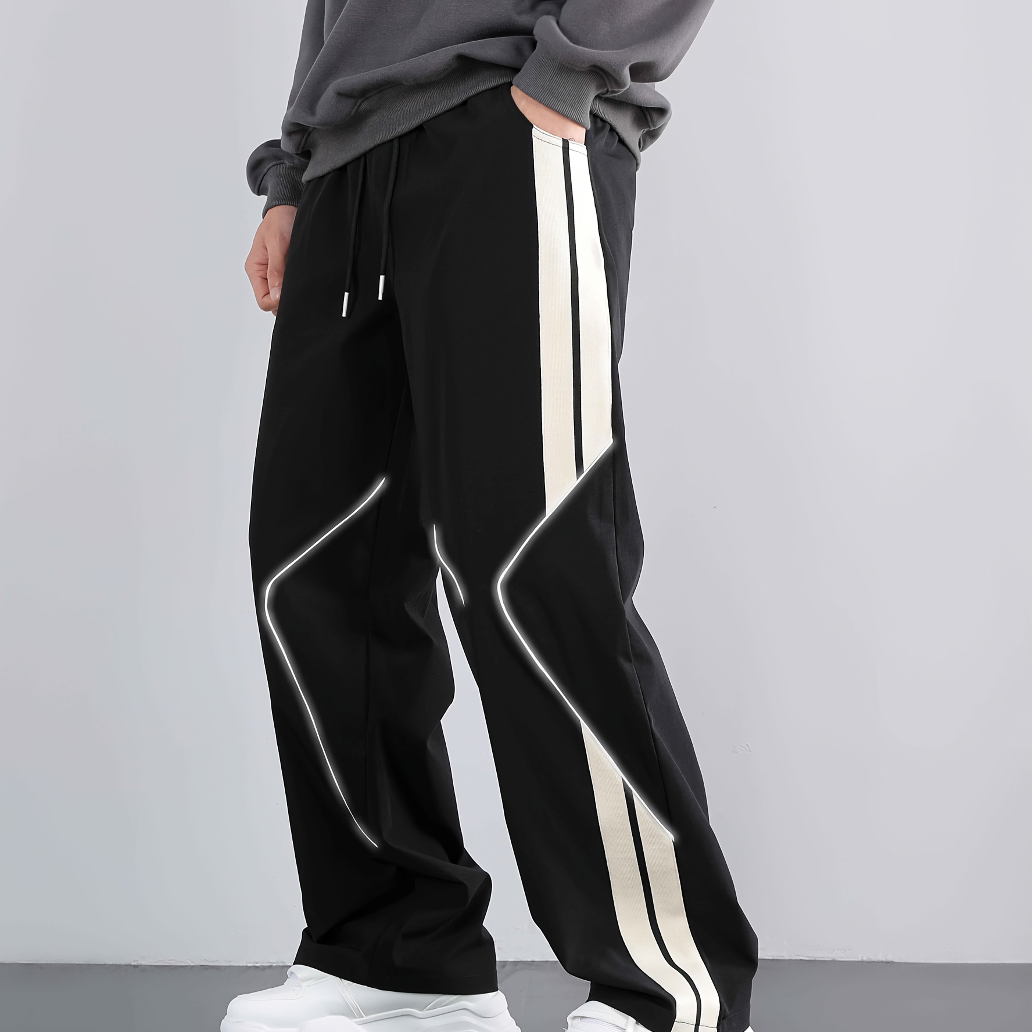 Image of Men's Reflective Stripe Wide-leg Casual Pants - Elastic Waistband, Loose Fit, Polyester, Ideal For Travel & Outdoor Activities, Machine Washable