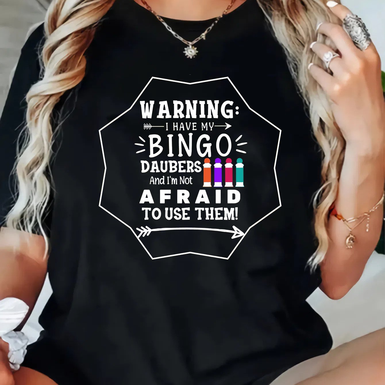 TEMU Plus Size Casual Crew Neck T-shirt With Bingo Daubers Graphic, Geometric Pattern Polyester Knit Fabric, Short Sleeve Pullover With Stretch -