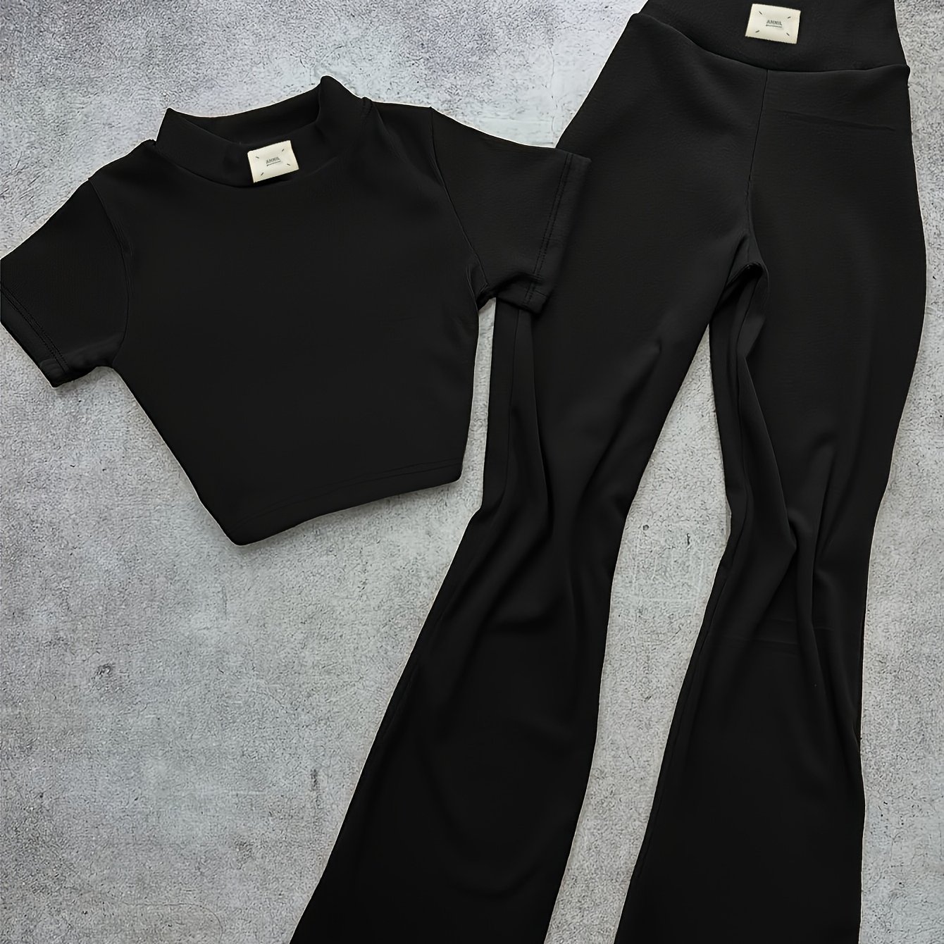 TEMU Women's 2pcs Set | A Fashionable Solid Color High-neck Stretch Short-sleeve T-shirt And High-waisted Slim-fit Flared Pants | Casual -fitting