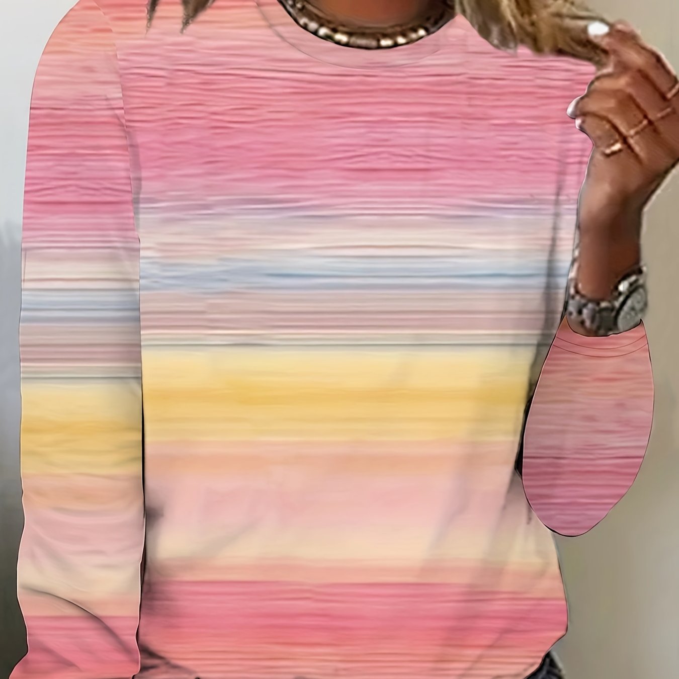 Image of Women's Fashion Spring Autumn New Women's Clothing, Gradient Color, Round Neck Long Sleeve Loose Casual Women's Top Base T-shirt Machine Washable - Suitable For Spring Autumn Daily And Home